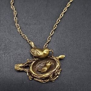 Anson Pewter Bird Nest Pendant Necklace Mother Baby Bird Vintage